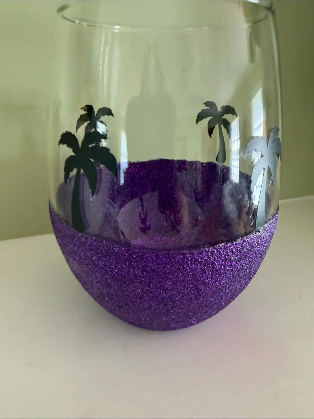 Tropical stemless Wine glass unbranded glitter dipped base palm tree decals